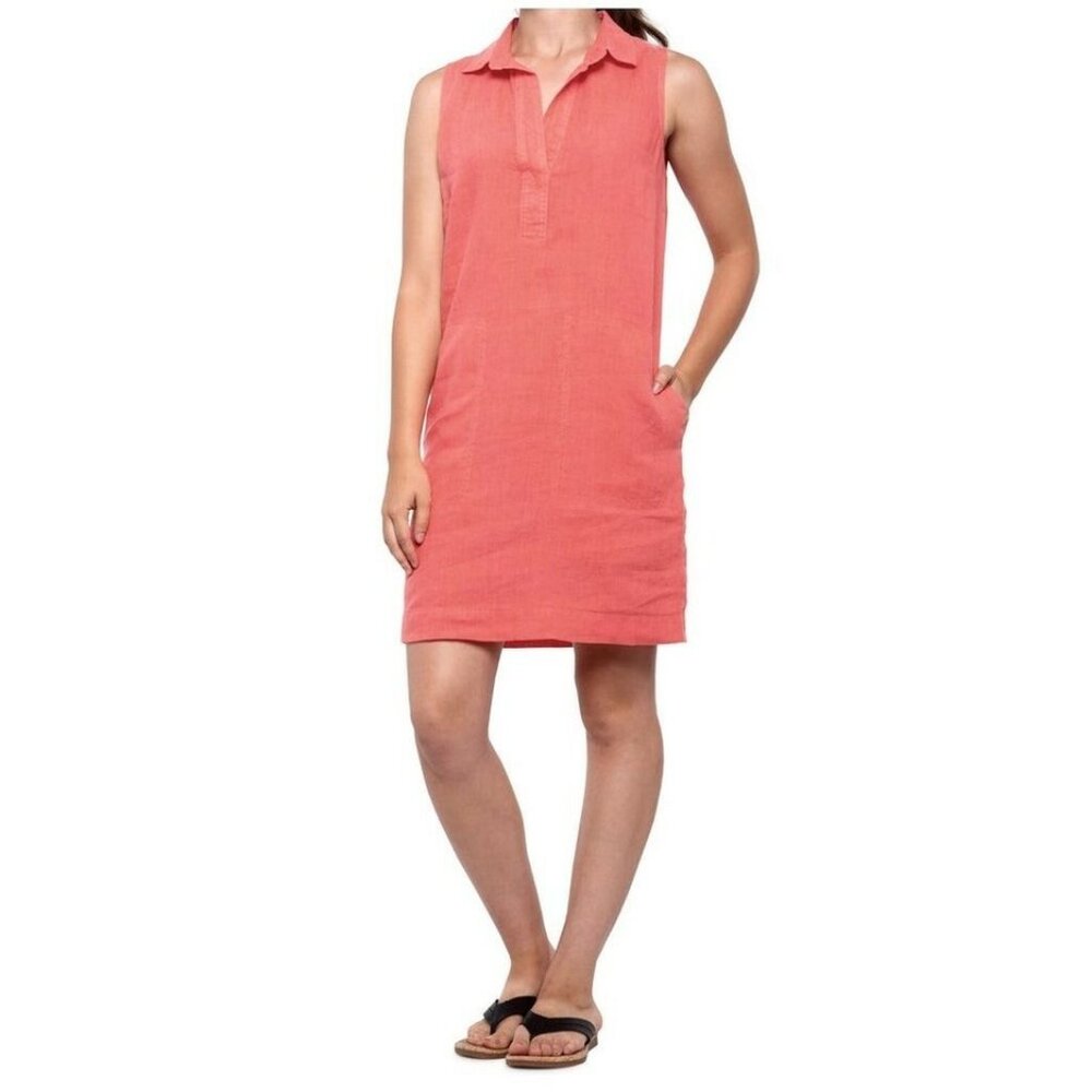 C&C California Coral Pink 100% Linen Sleeveless Shirtdress Sz 14 Collared Tunic